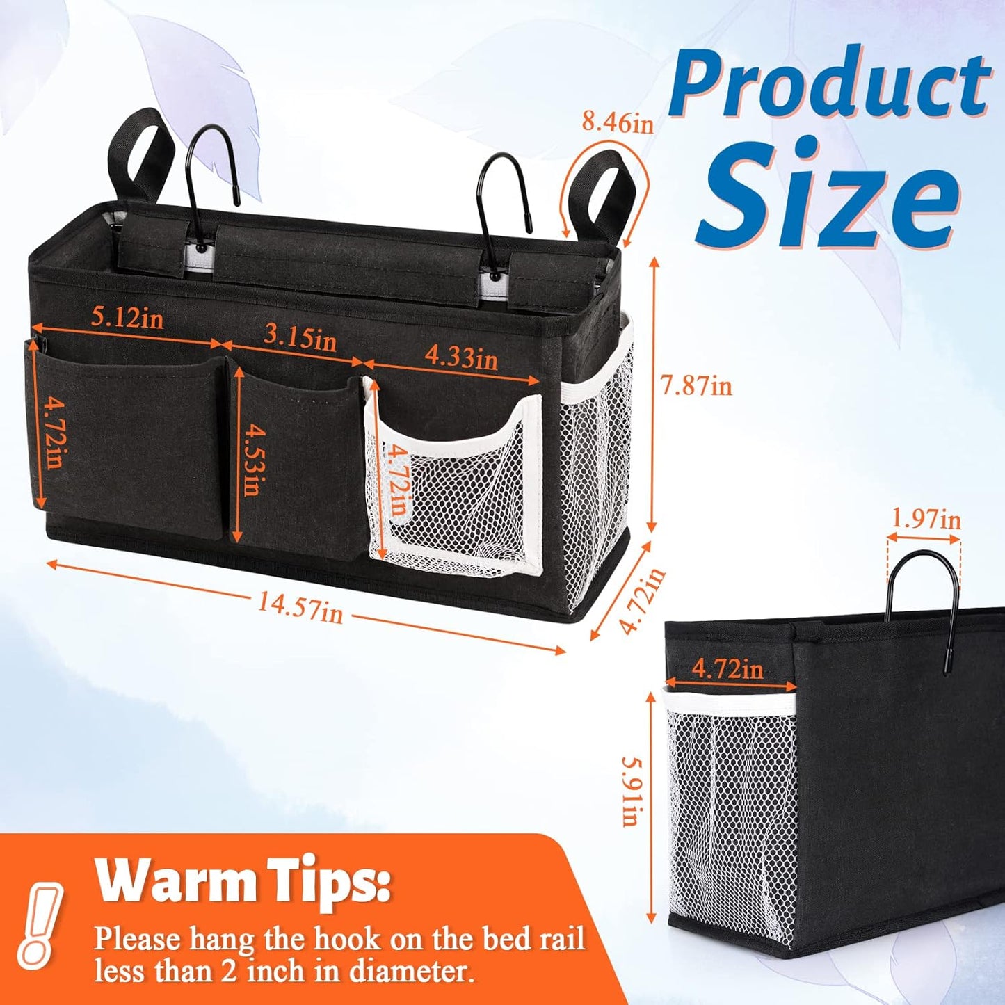 Bedside Caddy, Bedside Storage Bag Hanging Organizer for Bunk Dorm Bed Rail | Bed Caddy with Hooks, Top Bunks and Dorm Essentials for Water, Tissues, Tablets, Books, Phones, Remotes and Other Necessories