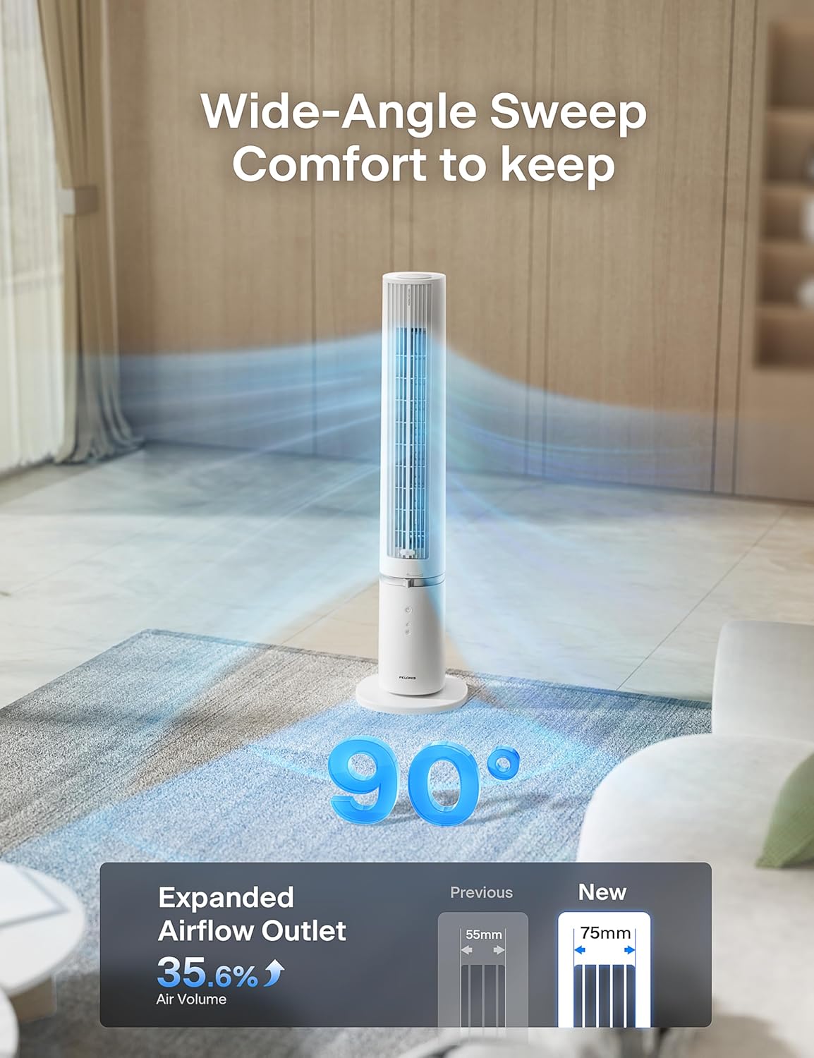 PELONIS 40-Inch Oscillating Tower Fan with Remote for Bedroom, White | Standing Cooling Fan, Washable Design, 2000 CFM, 28ft/s Airflow, 4 Speed, 2 Modes, 90° Oscillation, 23dB Quiet, 7-Hr Timer
