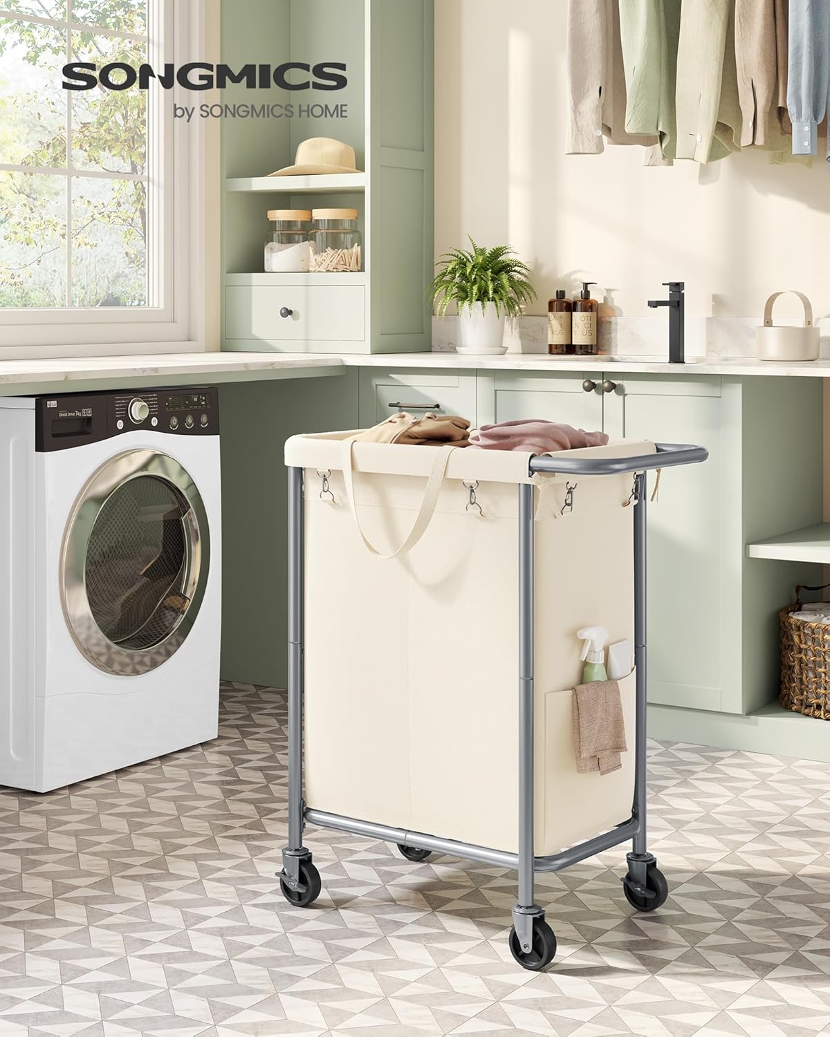 SONGMICS Laundry Basket with Wheels, 4-Section Rolling Laundry Hamper, 68.6 Gallons (260 L), Removable Liner, Steel Frame with Handle, 43.3 x 15.4 x 31.9 Inches, Cream White URLS014W01