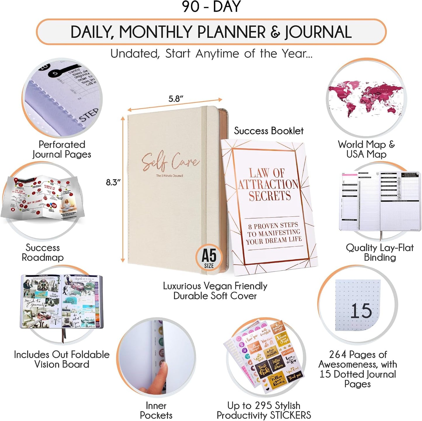 Freedom Mastery Daily Journal of Gratitude, Productivity & Habit Tracker | Undated 90-Day Planner with Daily Reflection, Mindfulness, Positivity, Vision Board & Stickers, Gratitude Journal for Women