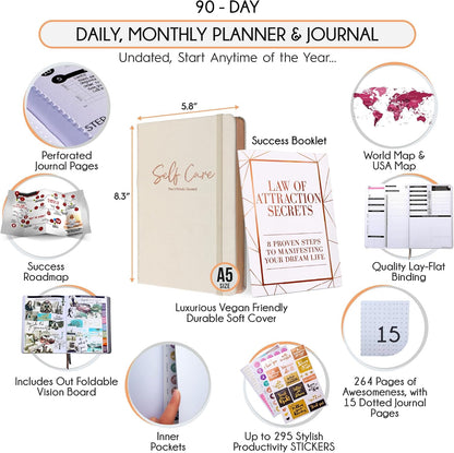 Freedom Mastery Daily Journal of Gratitude, Productivity & Habit Tracker | Undated 90-Day Planner with Daily Reflection, Mindfulness, Positivity, Vision Board & Stickers, Gratitude Journal for Women