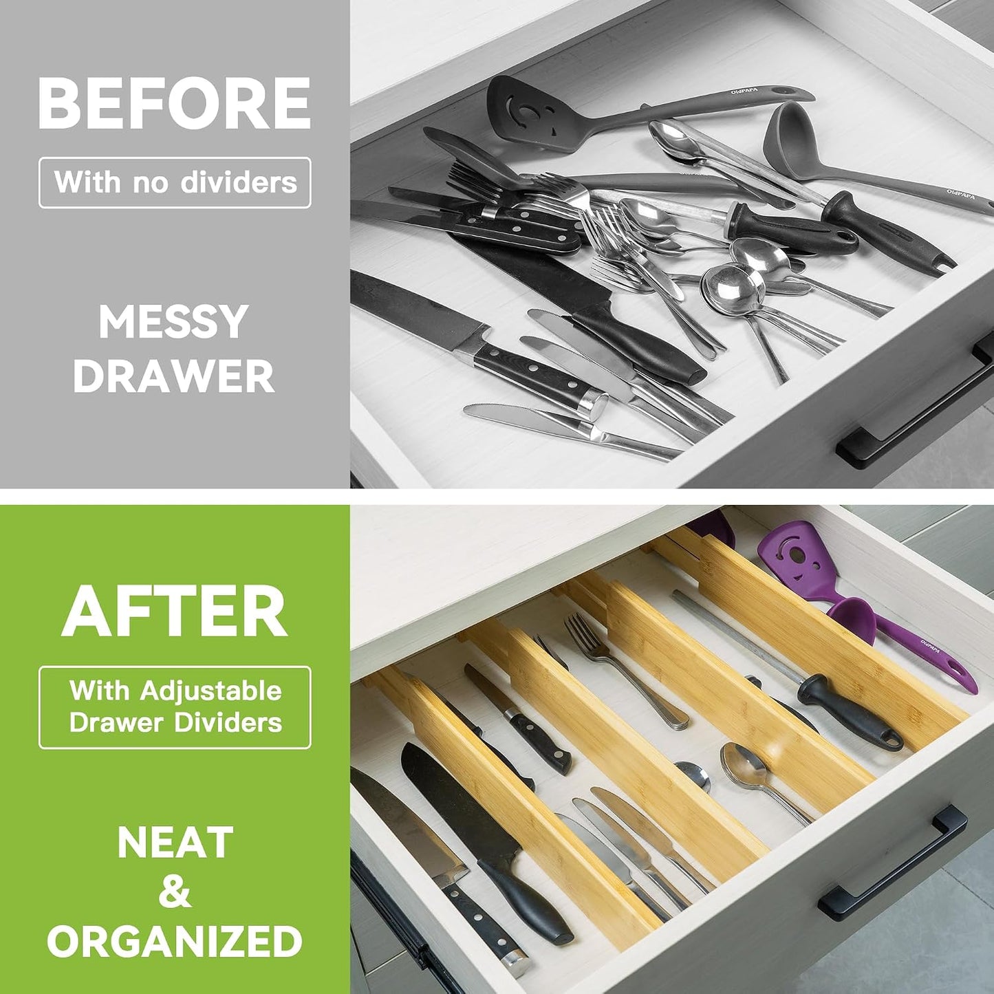 Utoplike 4 Pcs Bamboo Kitchen Drawer Dividers, Large Drawers Organizers | Adjustable Spring Loaded Expandable Organization, Works in Dresser, Bathroom, Bedroom, Office, Fit 17.8"-20.6" Drawer, 2.4"H