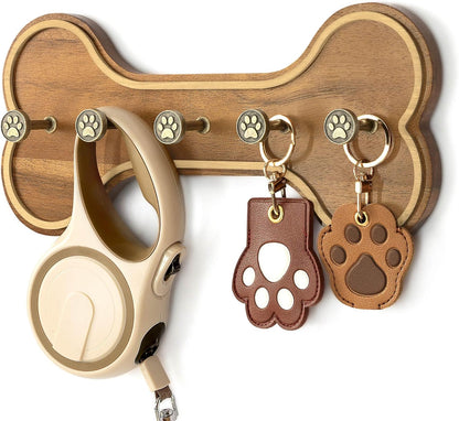 MTERSN Dog Leash Holder Wall Mount with 3D Paws Hooks, Distressed White | Bone-Shaped Dog Leash Holder for Wall, Leash Holder, 5 Dog Leash Hook, Pet Accessories Storage, Gift for Dog Lovers