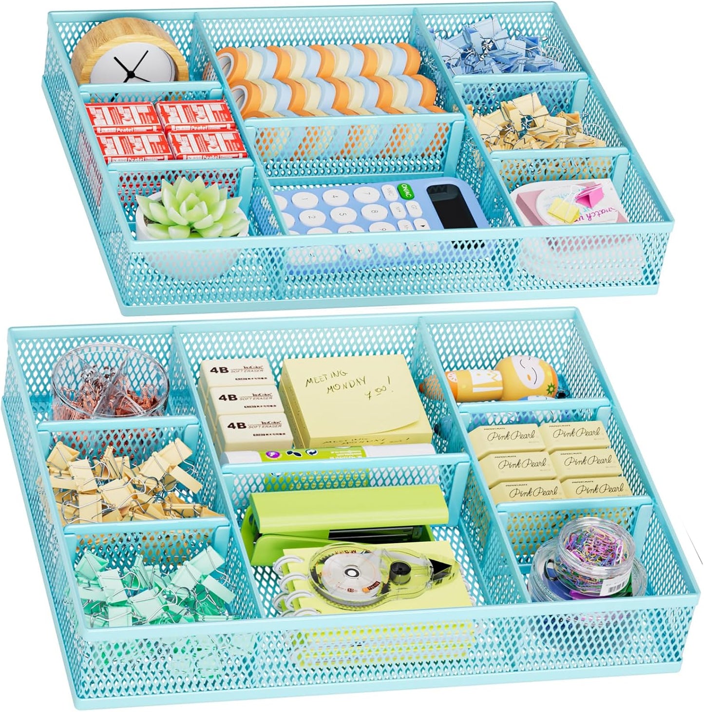Marbrasse 2 Pack Desk Drawer Organizer, Mesh Drawer Organizer Tray with 8 Adjustable Compartments, Desk Organizers and Accessories, 5 Dividers Drawer for Office Supplies, Makeup & Vanity (Black)
