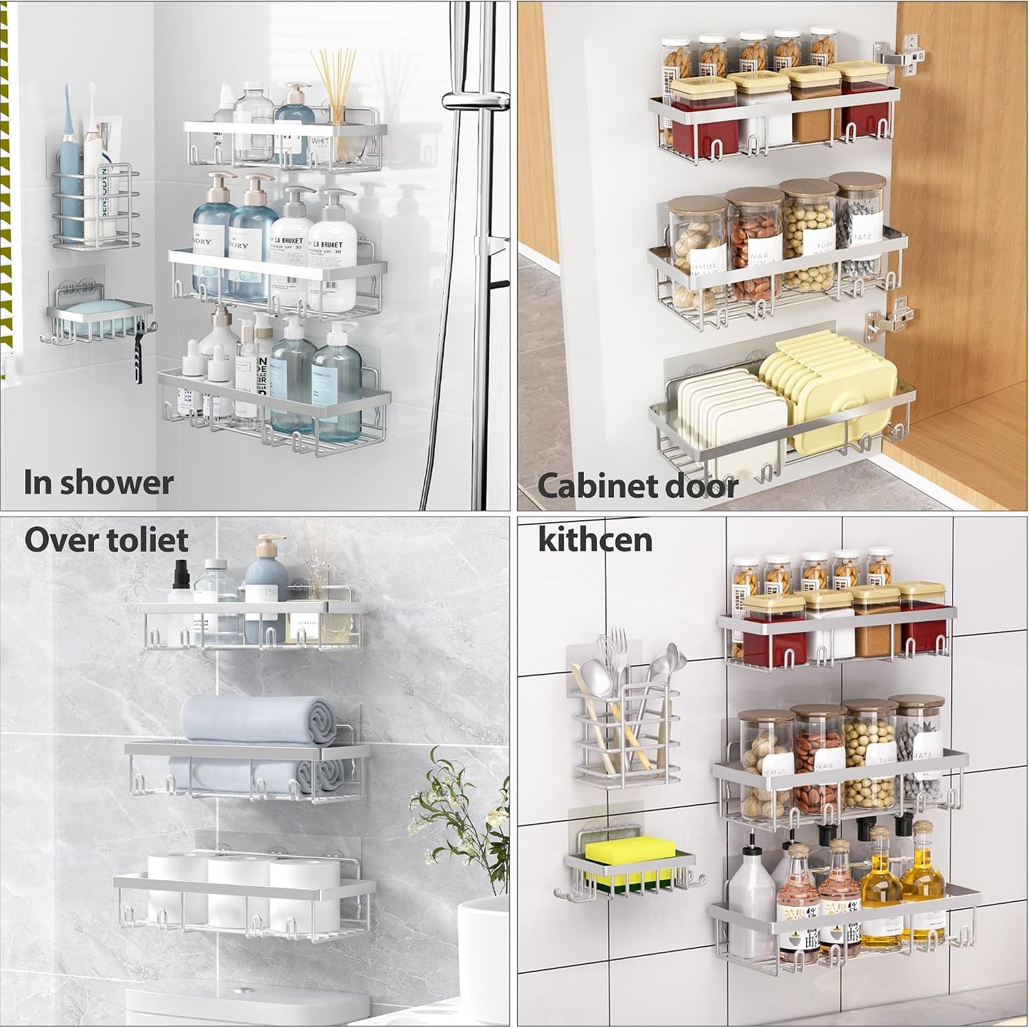 Liuoud 5 Pack Shower Caddy for Inside Shower, Gold Bathroom Storage Decor | Large Rustproof Stainless Steel Organizer with Strong Adhesive, No Drilling Wall Mounted Shelves, Bathroom Accessory Set