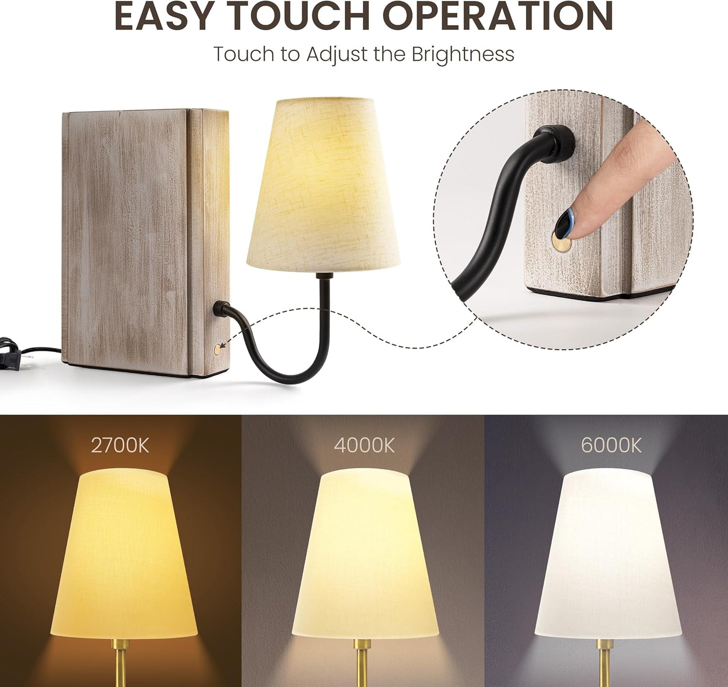 AELS Solid Wood Bookshelf Lamp with Bulb, Cordless Rechargeable Touch Dimmable Table Lamp with Linen Fabric Shade, Modern Decorative Bookend Lamp for Bedroom, Office & Bookshelf Decor, Dark Brown