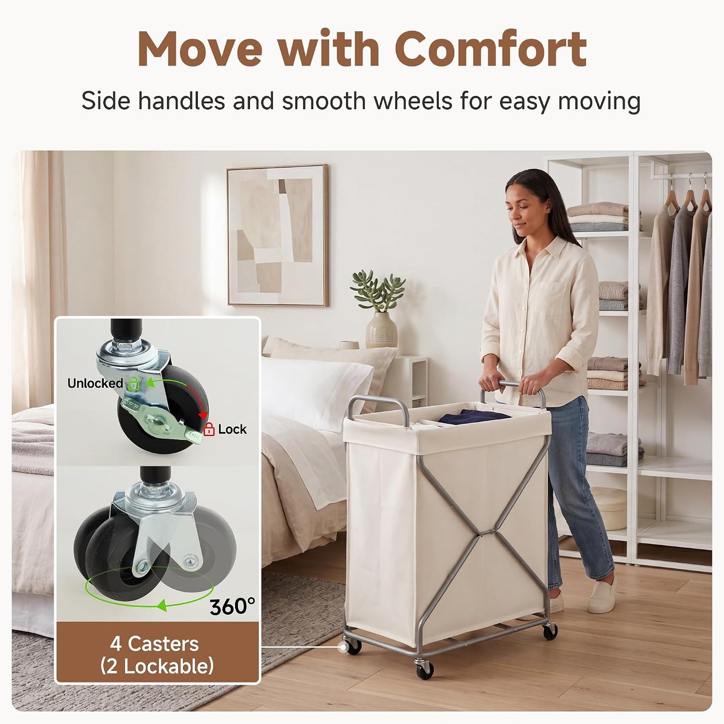 StorageWorks 2 Section Laundry Sorter with Wheels, 160L Beige Hamper Basket | Beige Divided Hamper, Rolling Organizer for Bedroom, Bathroom, College, Apartment