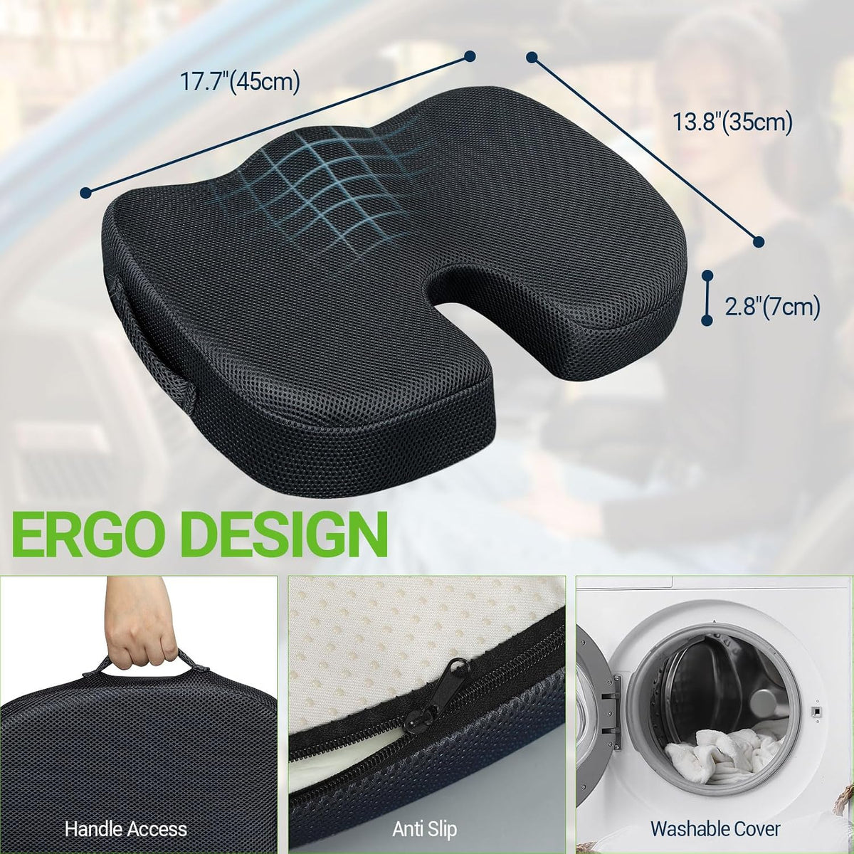 Season Guard Gel Memory Foam Seat Cushion for Tailbone Pain Relief, Black