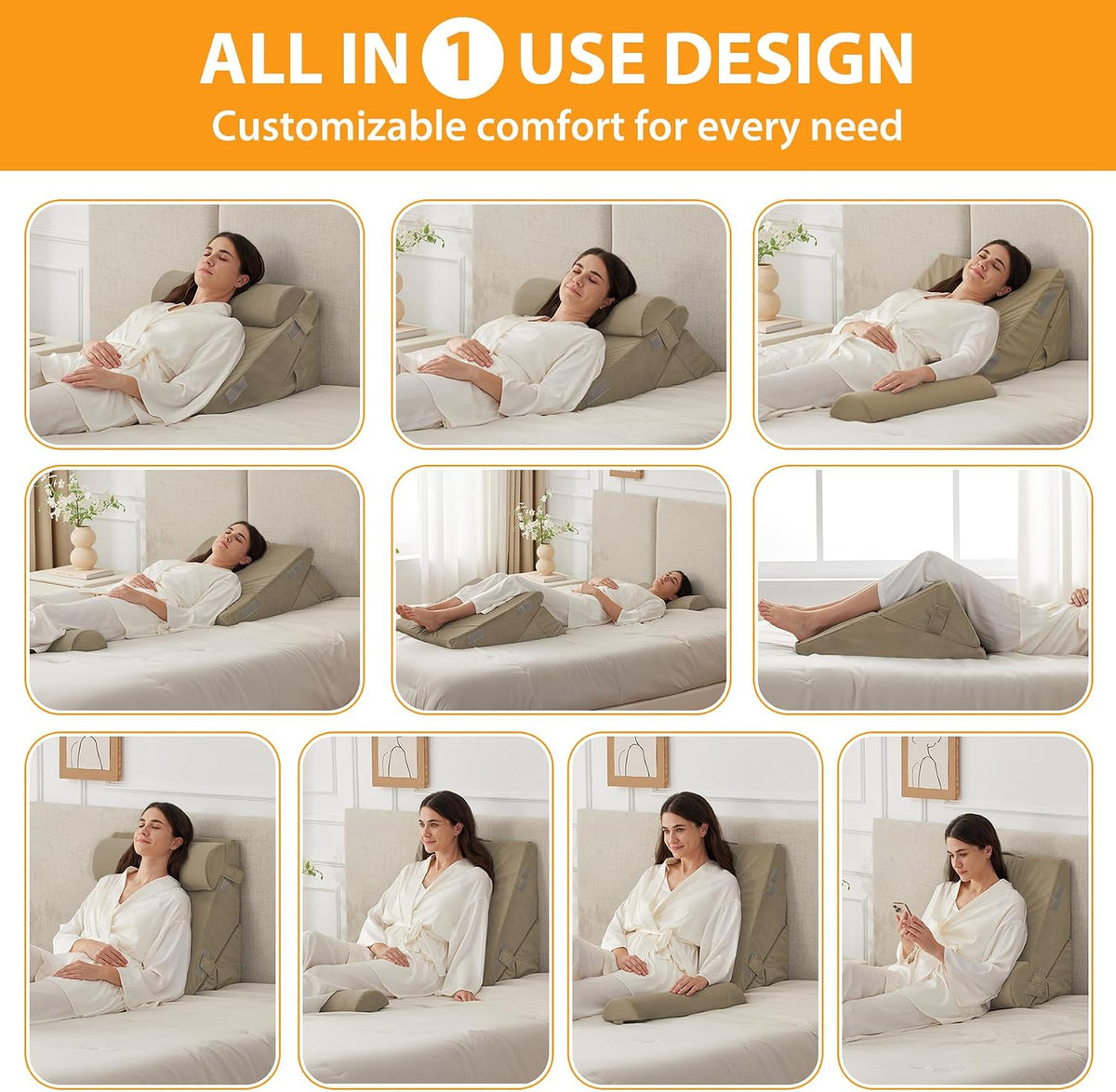 Ruqmuis Wedge Pillow Set for After Surgery, 3PCS Adjustable 9&12 Inch Bed Wedge Pillow for Sleeping, Incline Pillow Wedge for Headboard, Post Surgery, Acid Reflux, Neck&Back Support, White/Grey