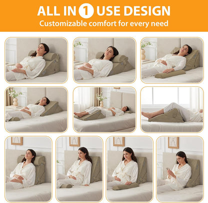 Ruqmuis Wedge Pillow Set for After Surgery, 3PCS Adjustable 9&12 Inch Bed Wedge Pillow for Sleeping, Incline Pillow Wedge for Headboard, Post Surgery, Acid Reflux, Neck&Back Support, White/Grey