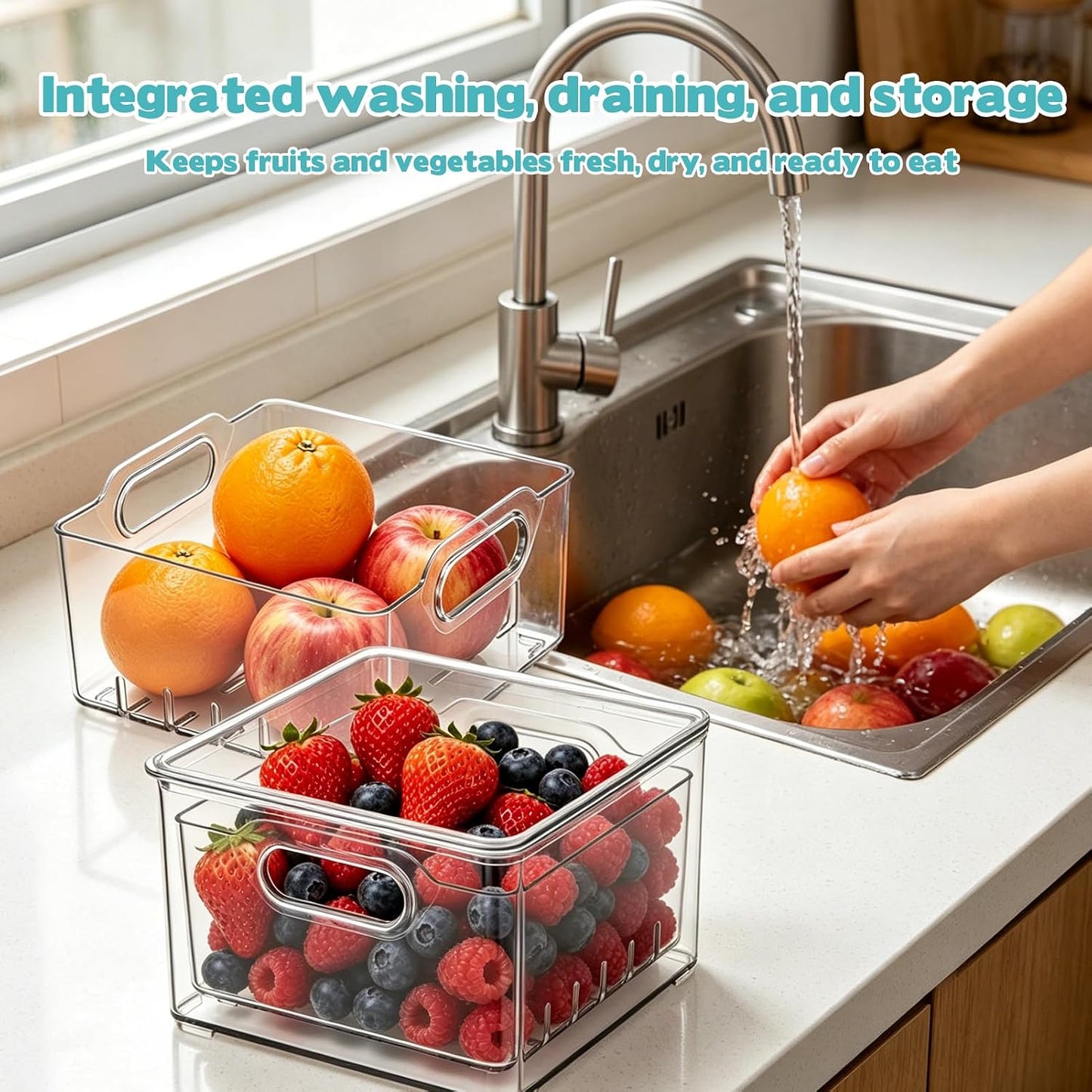 2 Pcs Transparent PET Fruit Draining, Washing Colander Food Storage Boxes, Plastic Cookie Containers, Refrigerator Organizers for Kitchen, Pantry, Vegetables, Fruits(2 Square)