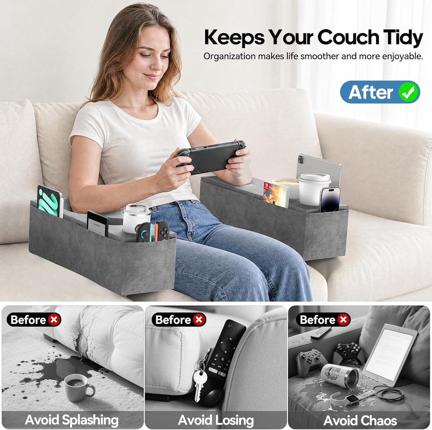 Removable Sofa Armrest Couch Caddy with Cup Holder Insert Between Cushions | Sofa Accessories Storage, Couch Armrest Pillow Table with Drink Holder