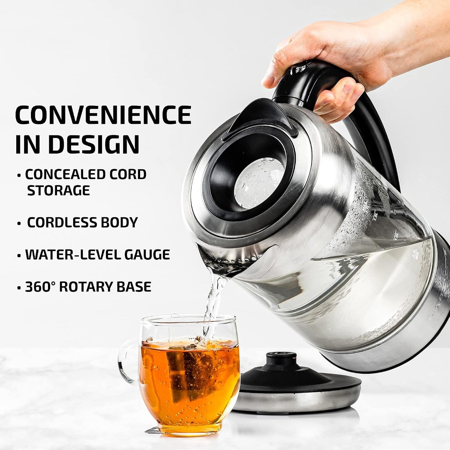 OVENTE 1.8L Glass Electric Kettle Water Boiler, Silver KG751S | 1500W Fast Boiling, Easy Fill Lid, Borosilicate Glass, BPA-Free, Blue LED, Auto Shut-Off, Boil-Dry Protection, Cordless
