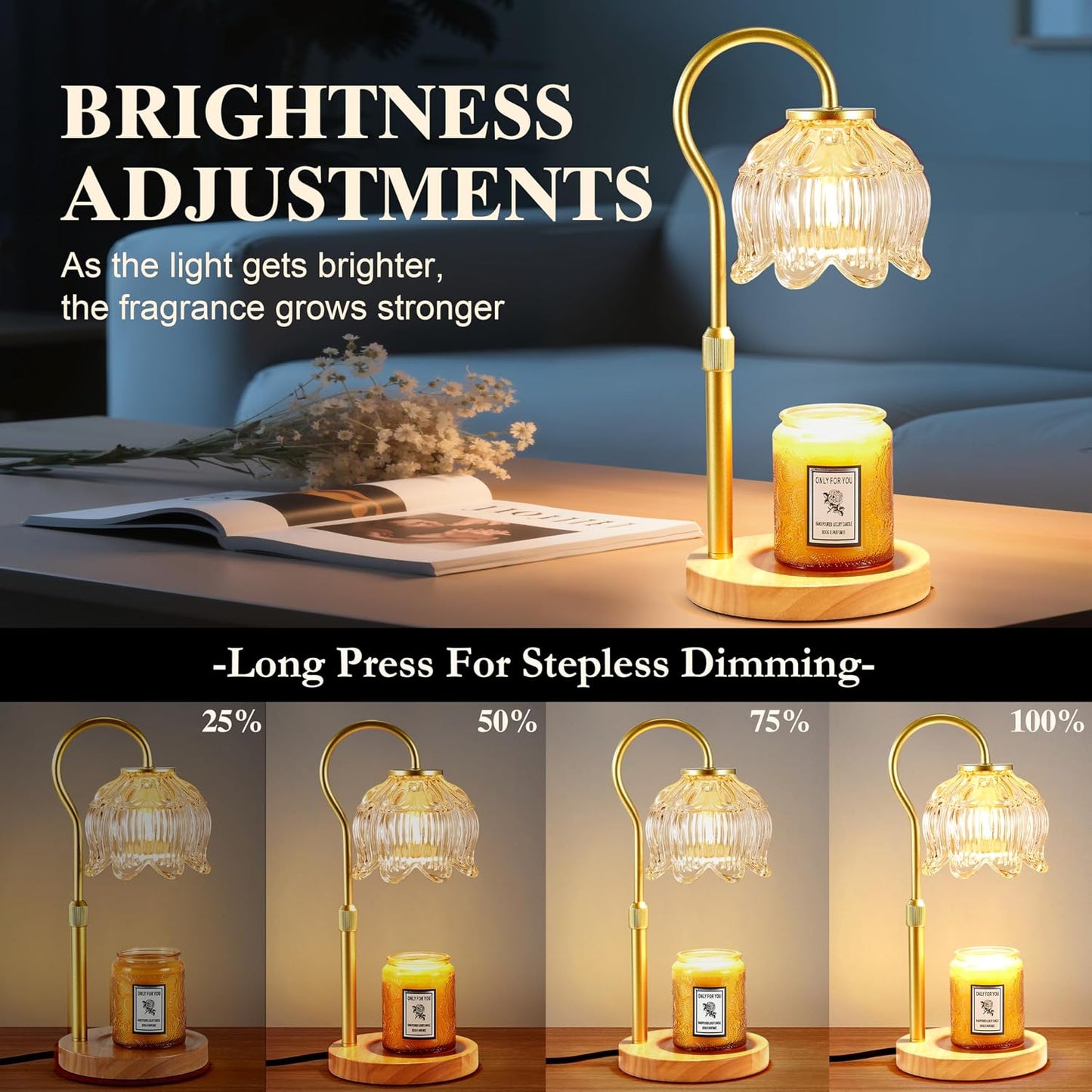 Dreamholder Electric Candle Warmer Lamp with Timer & Dimmer, Adjustable Height Wax Melt Warmer for Jar Candles, Wood Base Candle Melter, Floral Home Decor Gifts for Women, Mom, Natural Wood