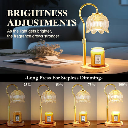 Dreamholder Electric Candle Warmer Lamp with Timer & Dimmer, Adjustable Height Wax Melt Warmer for Jar Candles, Wood Base Candle Melter, Floral Home Decor Gifts for Women, Mom, Natural Wood