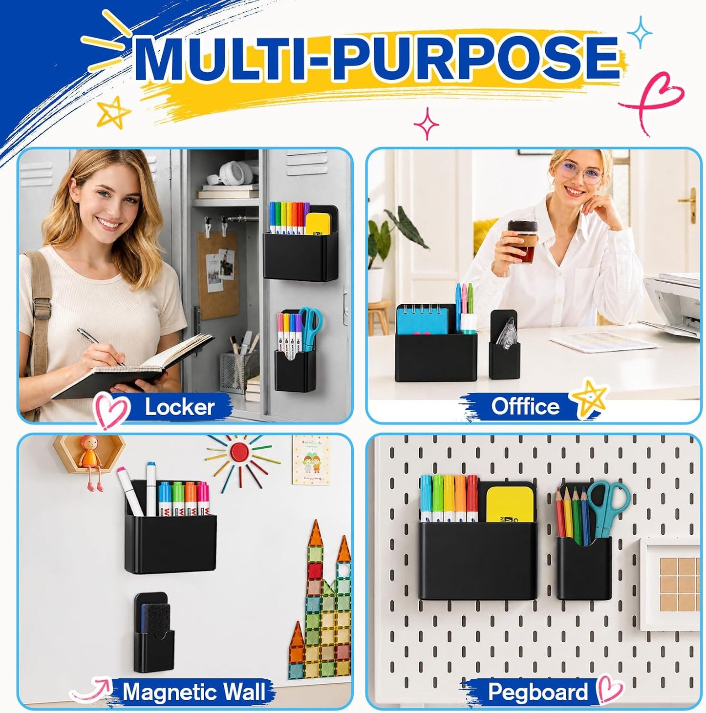 Magnetic Pen Holder, Magnetic Marker Holder, 4 Pack, White | Magnetic Cups for Dry Erase Markers, Pen Organizer for Whiteboard, Refrigerator, Locker, Cruise, Classroom, Office, School