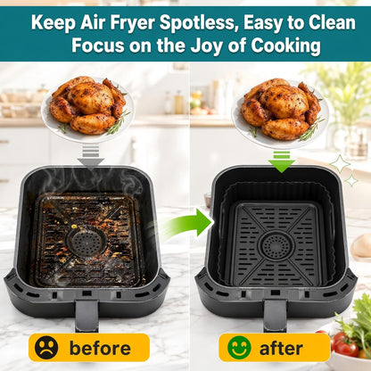 Szyeequoo Silicone Air Fryer Liners 2 Pack for Ninja Dual Zone, 1 Perforated and 1 Solid, Rectangle Reusable Liners for DZ201 DZ401 DZ550 DZ302, COSORI 9QT Instant Chefman Dual Basket Air Fryers