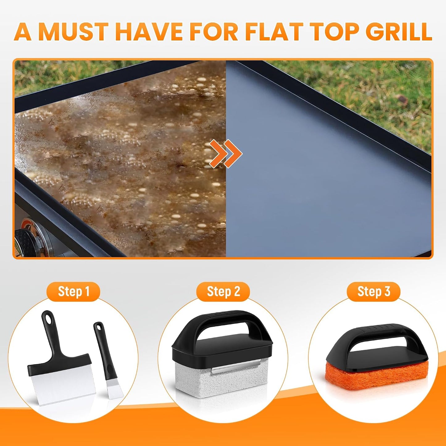 Grill Brick for Cleaning Flat Top, Heavy Duty Grill Stone Griddle Brick | Pumice Grill Cleaning Brick with Handle & Scraper, Griddle Cleaner for Removing Stubborn Grease, Rust (5 PCS)