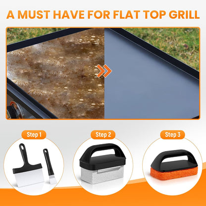 Grill Brick for Cleaning Flat Top, Heavy Duty Grill Stone Griddle Brick | Pumice Grill Cleaning Brick with Handle & Scraper, Griddle Cleaner for Removing Stubborn Grease, Rust (5 PCS)