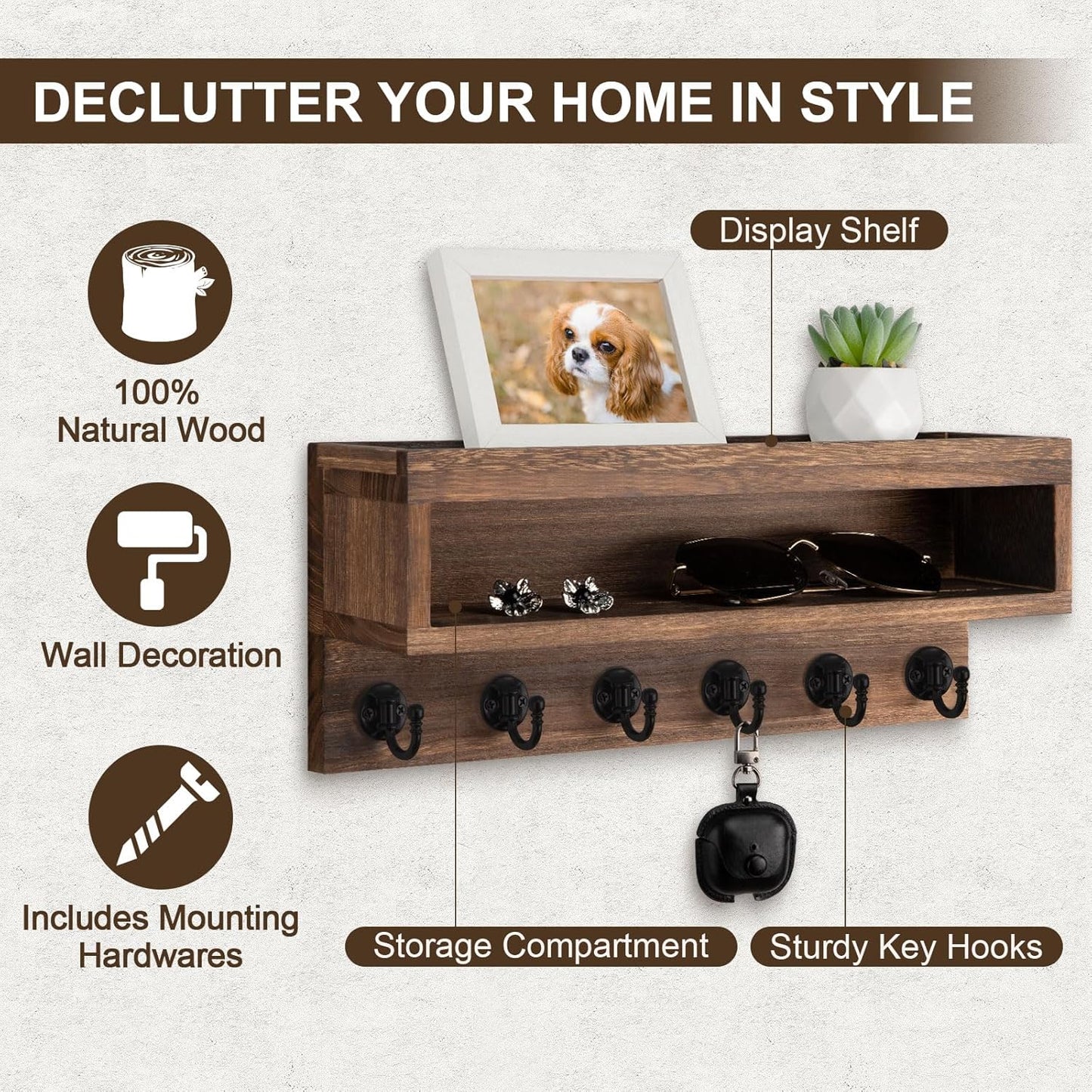Key and Mail Holder Wall Mount with Long Storage Box and 6 Hooks | Key Holder For Coat, Dog Leash, Home Decor Rack, Entry Way Organizer