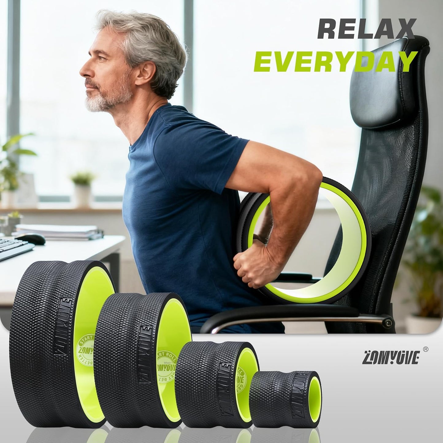 3 Pack Back Roller- Yoga Wheel for Back Pain Reliefn & Stretching, Back Wheel for Deep Tissue Massage, Foam Roller for Physical Therapy & Exercise | Blue