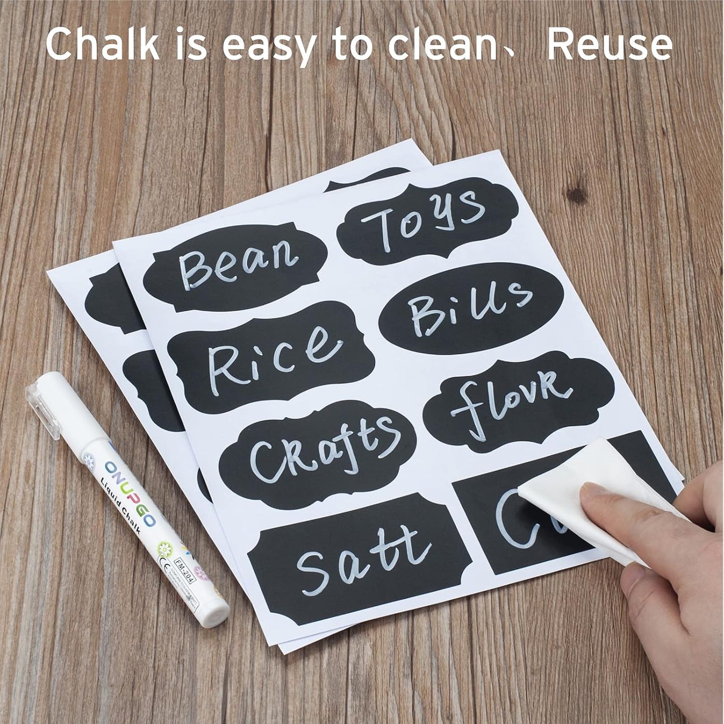 ONUPGO Chalkboard Labels Stickers Bulk - 196 Reusable Chalk Sticker Labels with Erasable Chalk Maker, Removable Waterproof Blackboard Labels for Containers, Glass, Mason Jar Labels | Removable, Waterproof, Reusable Chalk Labels, For Storage Bins & Food