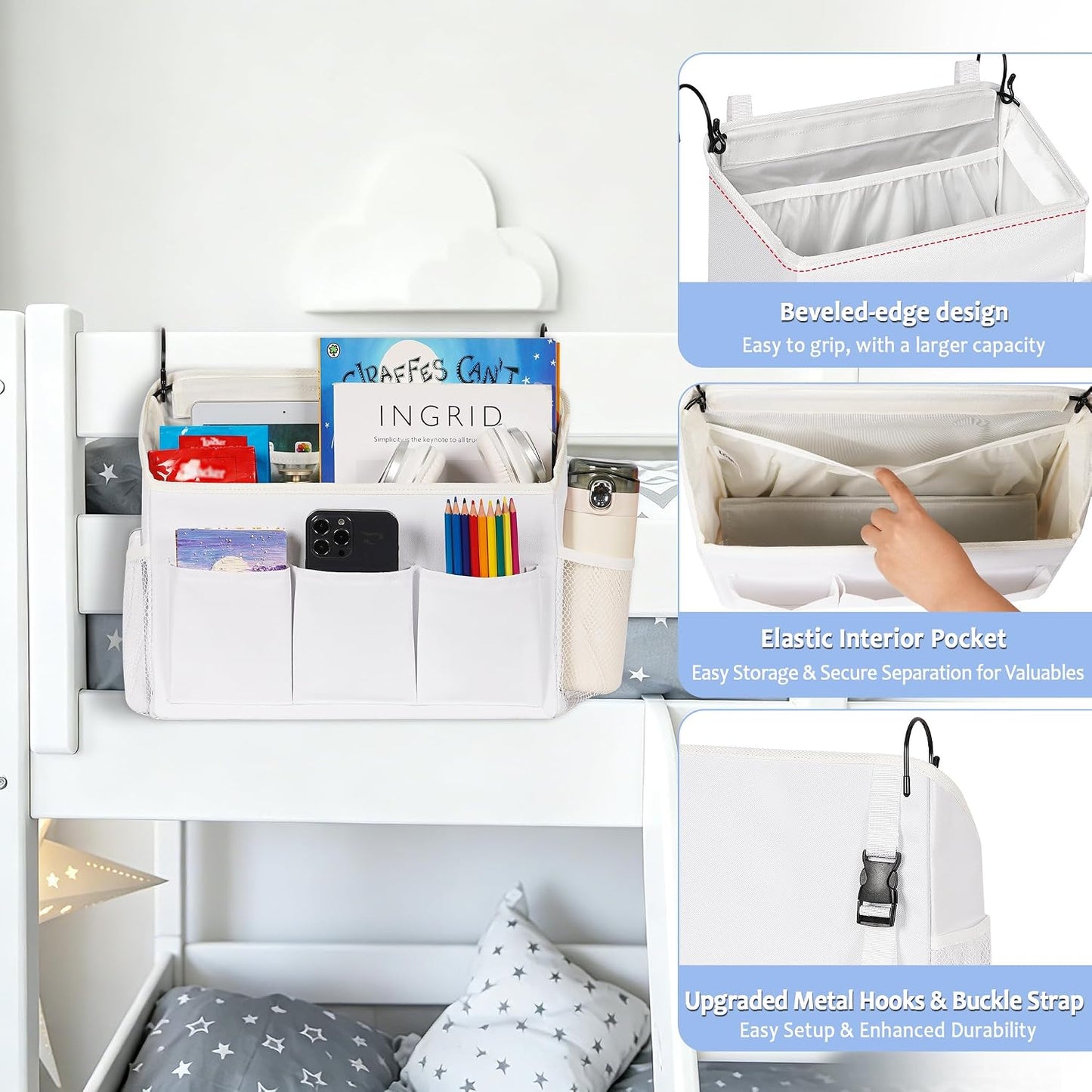 Loghot Bedside Caddy Organizer Bed Storage Bag for Dorm Hospital Crib White | 7 pockets bedside hanging organizer for phone books remotes, fits dorm hospital crib bunk beds, keeps organized easy access