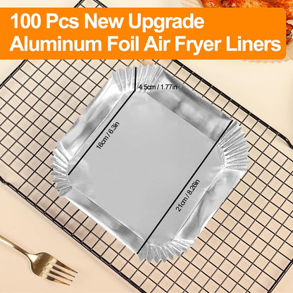 Air Fryer Liners, 100Pcs Aluminum Foil Air Fryer Disposable Paper Liner | 6.3” Square Non-stick Sheets, Food Grade Aluminum Foil for Baking, Frying, Grilling, Roasting Microwave