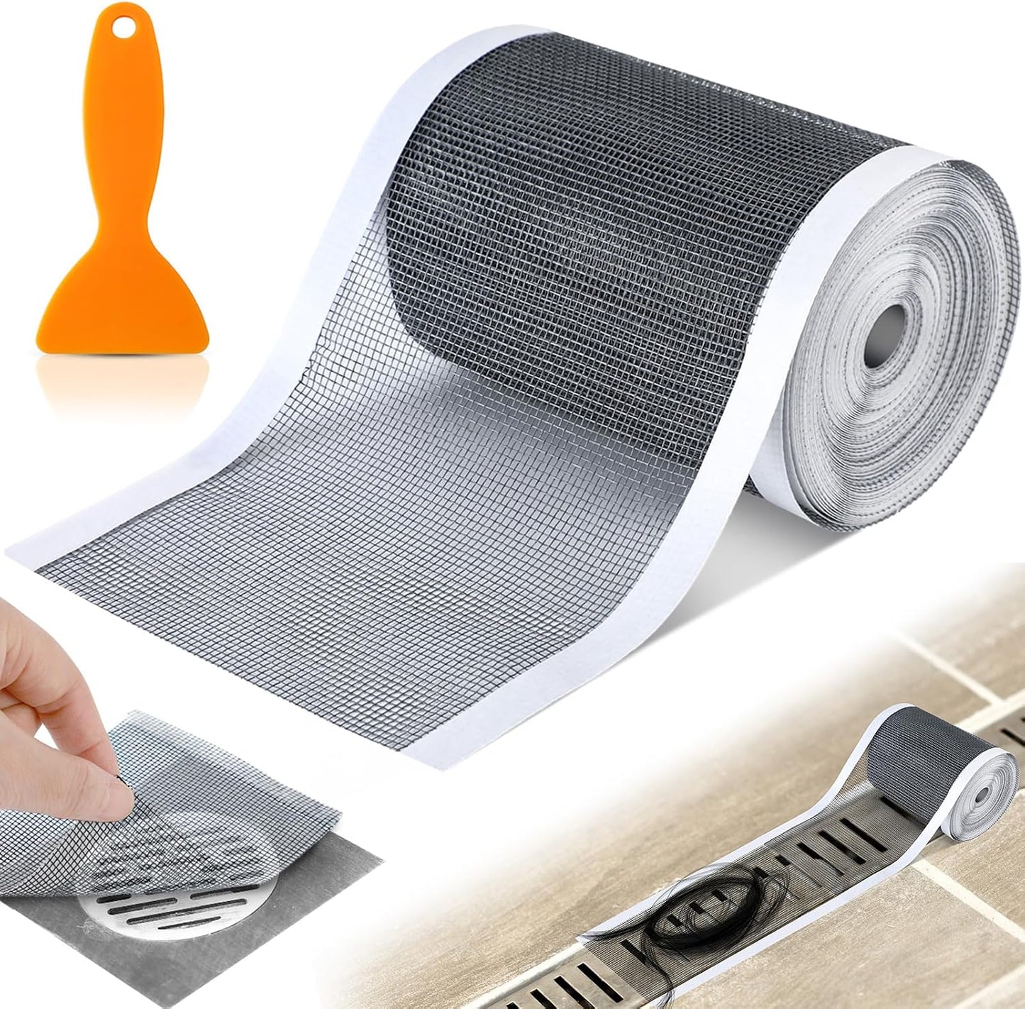 1 Pack Linear Shower Drain Hair Catcher Mesh Stickers Cutable | 4x33ft Disposable Adhesive Mesh Cover for Bathroom Kitchen Bathtub Floor Drains, DIY Install, Includes 2 Removal Tools
