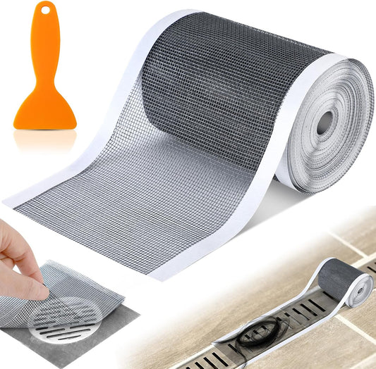 1 Pack Linear Shower Drain Hair Catcher Mesh Stickers Cutable | 4x33ft Disposable Adhesive Mesh Cover for Bathroom Kitchen Bathtub Floor Drains, DIY Install, Includes 2 Removal Tools