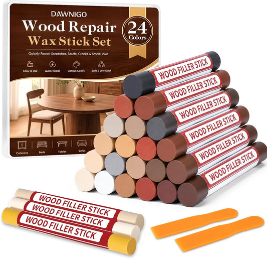 24 Colors Wood Filler Sticks, Furniture Repair Wax Crayons, Wood Floor Scratch Repair Crayon for Scratches, Scuffs, Cracks, Nail Holes & Stains on Wood Floors, Cabinets, Tables and Doors