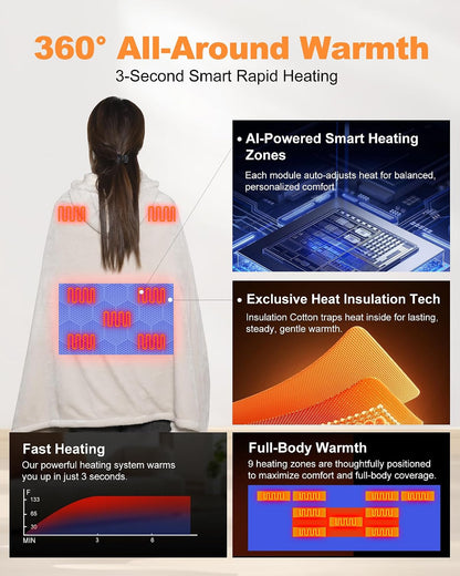 MIMYTH Cordless Heated Blanket with Hood, Rechargeable Wearable Heated Blanket Battery Powered with Lasting Battery, Portable Heated Throw Blanket with 9 Heating Zones & 3 Levels, Camping (Wool Gray)
