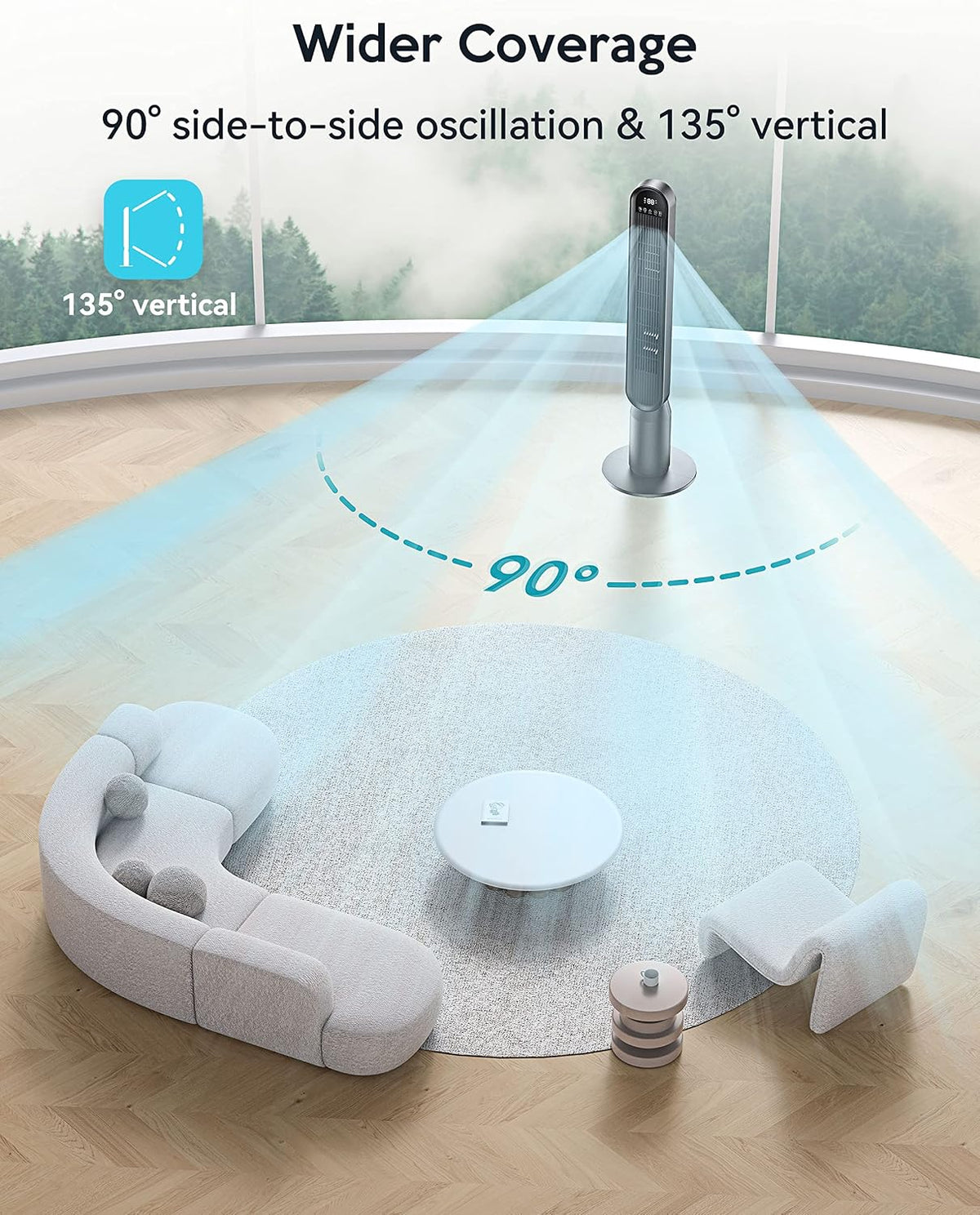 VAGKRI Tower Fan for Bedroom, 42" Quiet Floor Fan with 135° Vertical 90°Oscillation, 4 Modes, 4 Speeds, 15H Timers Standing bladeless Fans with Remote for Indoors
