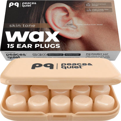Peace&Quiet PQ Wax Ear Plugs for Sleeping, Swimming - 15 Soft Noise Cancelling Silicone Gel Wax Earplugs for Sleep and Swimmers, Ear Protection with Sound Blocking Level of 32 Db, (15-Pillows)