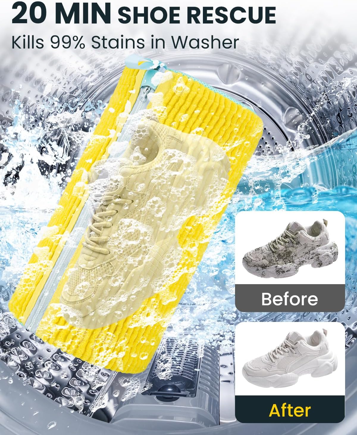 Shoe Washing Machine Bag: 2 Pack Reusable Shoes Cleaning Bags, Light Yellow | Heavy Duty Shoe Laundry Bag for Washer & Dryer, 360° Deep Clean for Sneakers Tennis Shoes, Gifts for Women Men (2pcs)