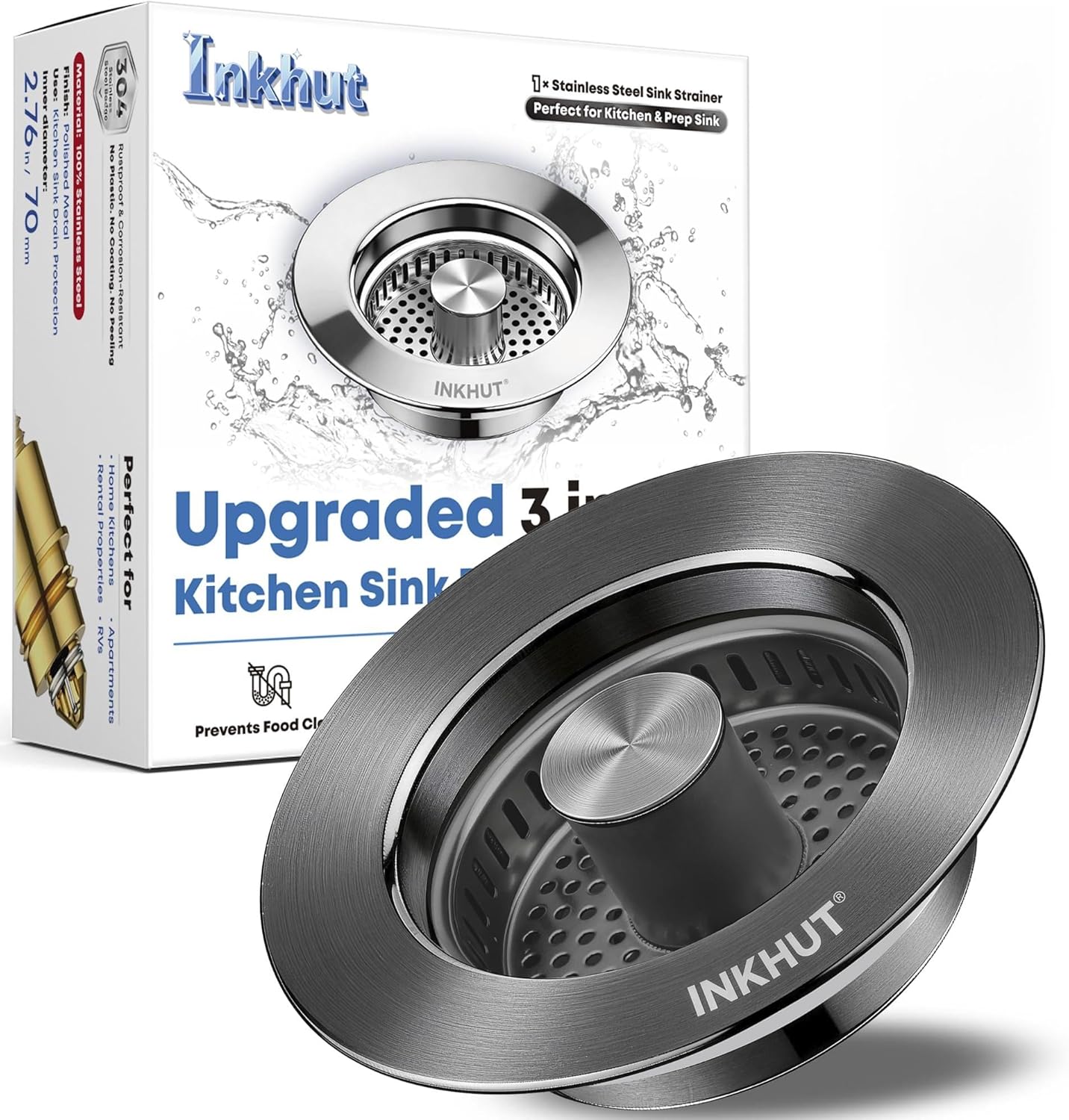 Upgraded 3 in 1 Kitchen Sink Drain Strainer | Stainless Steel Sink Stopper, Anti-Clogging Food Catcher Basket, Bounce Core Drain Strainer Plug for 3 1/2 inch Drain