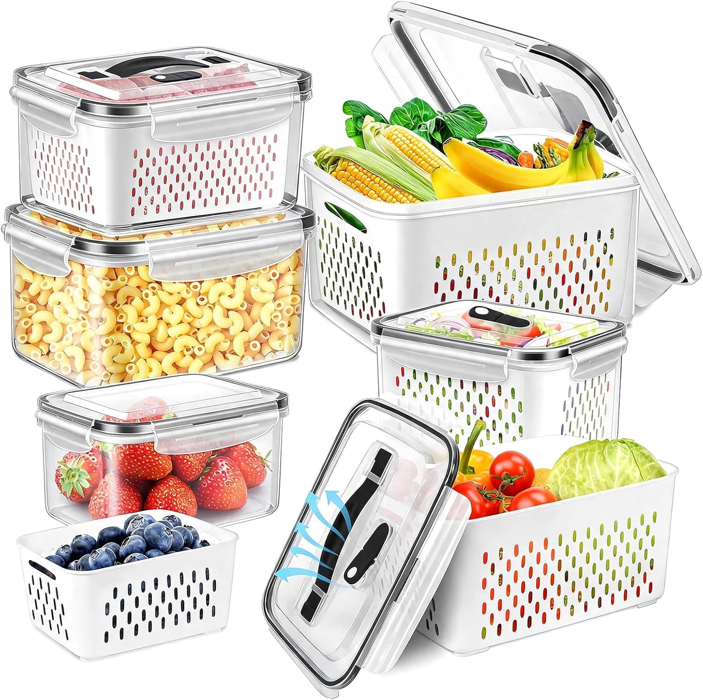 8 Pieces Fruit Storage Containers for Fridge with Lids and Strainer | 4Pack Fruit Containers for Fridge, Fresh Produce Saver Keeper for Vegetable Fruit Salad, BPA Free Organizer for Refrigerator