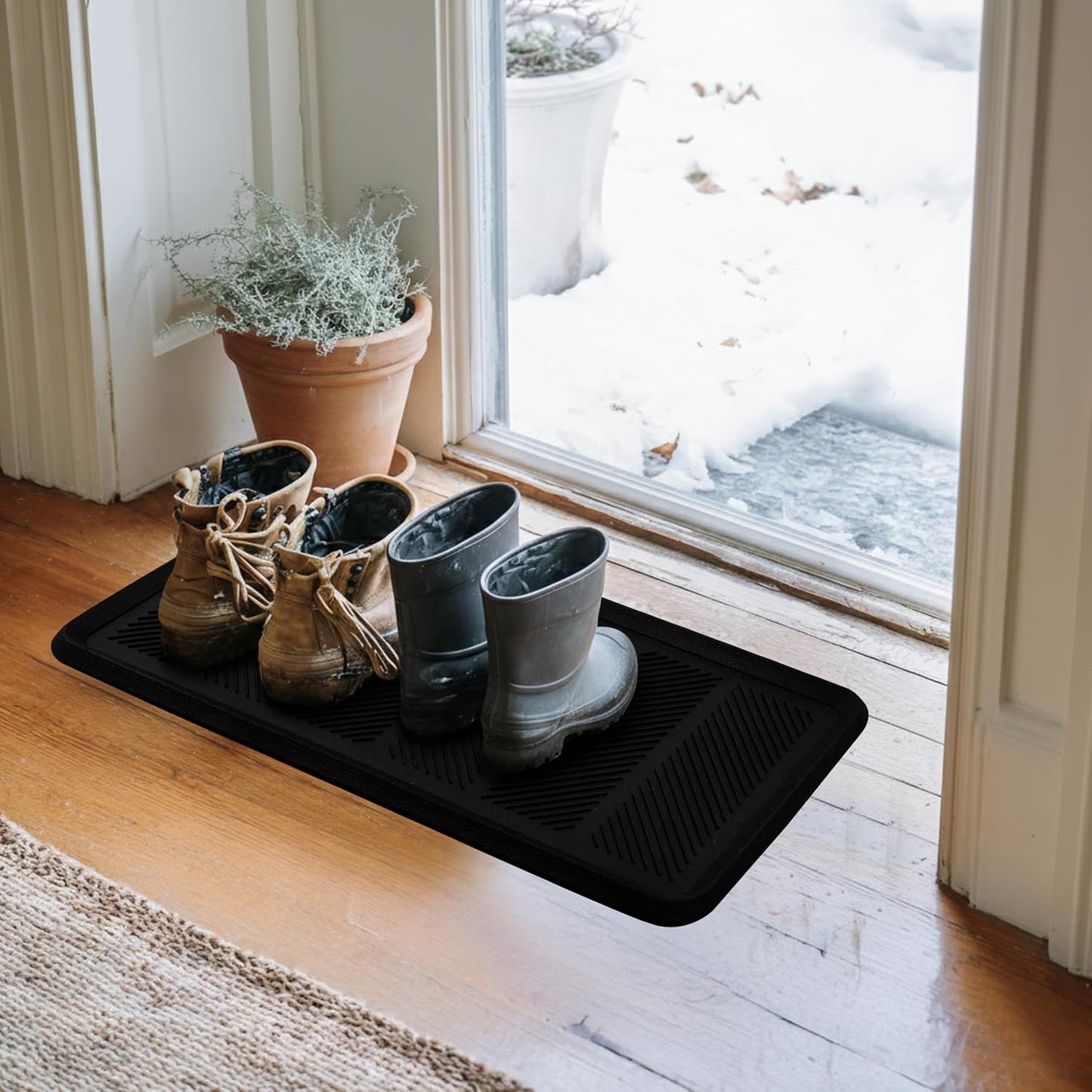 Croft&Cane Rubber Boot Tray - Black 16x32 inch Large Waterproof Shoe Tray | Heavy Duty Big Foot Indoor Outdoor Boot Mat with Raised Edges - Slip Resistant Entryway Garage Pet Feeding Multi-Purpose Mat