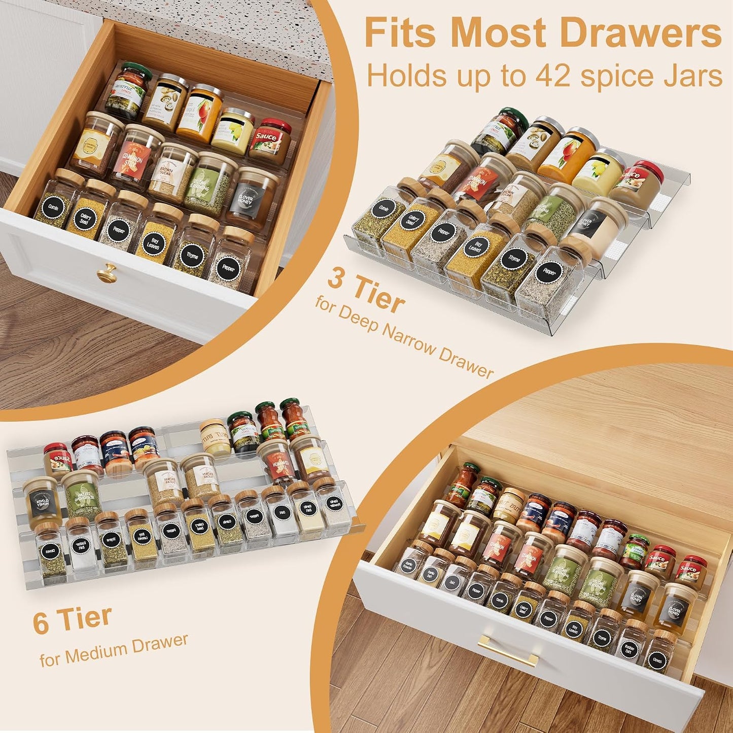 8-Pack Spice Drawer Organizer, Expandable Acrylic Seasoning Rack (13" to 26") with Anti-Slip Mat, Kitchen Spice Rack Holds up to 56 Jars (Jars Not Included)