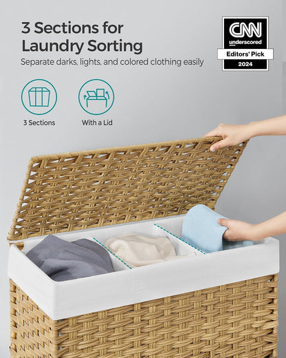 SONGMICS Laundry Hamper with Lid, 42.3 Gallons (160 L), Rolling Laundry Basket with Wheels, 3-Section Synthetic Rattan, Removable Liner, Bedroom, 29.9 x 13 x 26 Inches, Natural ULCB365N01