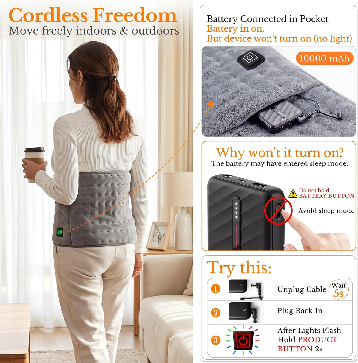 Portable Cordless Heating Pad for Back Shoulders 12x24, 10000mAh Battery