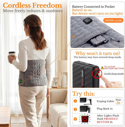 Portable Cordless Heating Pad for Back Shoulders 12x24, 10000mAh Battery