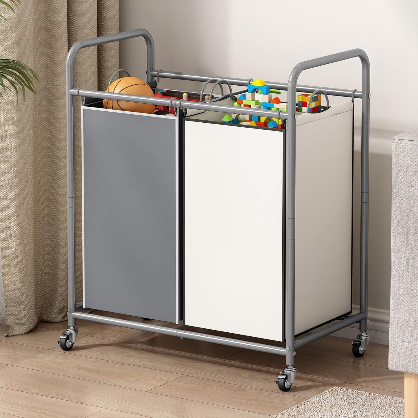 SUOERNUO Laundry Hamper with Lockable Wheels and 2 Removable Bags | Rolling Laundry Basket Laundry Sorter 2 section for Dirty Clothes in Laundry Room or Small Spaces, Grey+Beige