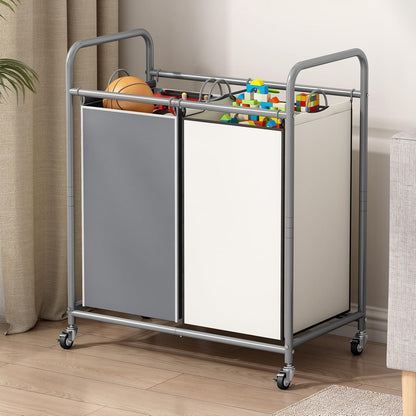 SUOERNUO Laundry Hamper with Lockable Wheels and 2 Removable Bags | Rolling Laundry Basket Laundry Sorter 2 section for Dirty Clothes in Laundry Room or Small Spaces, Grey+Beige