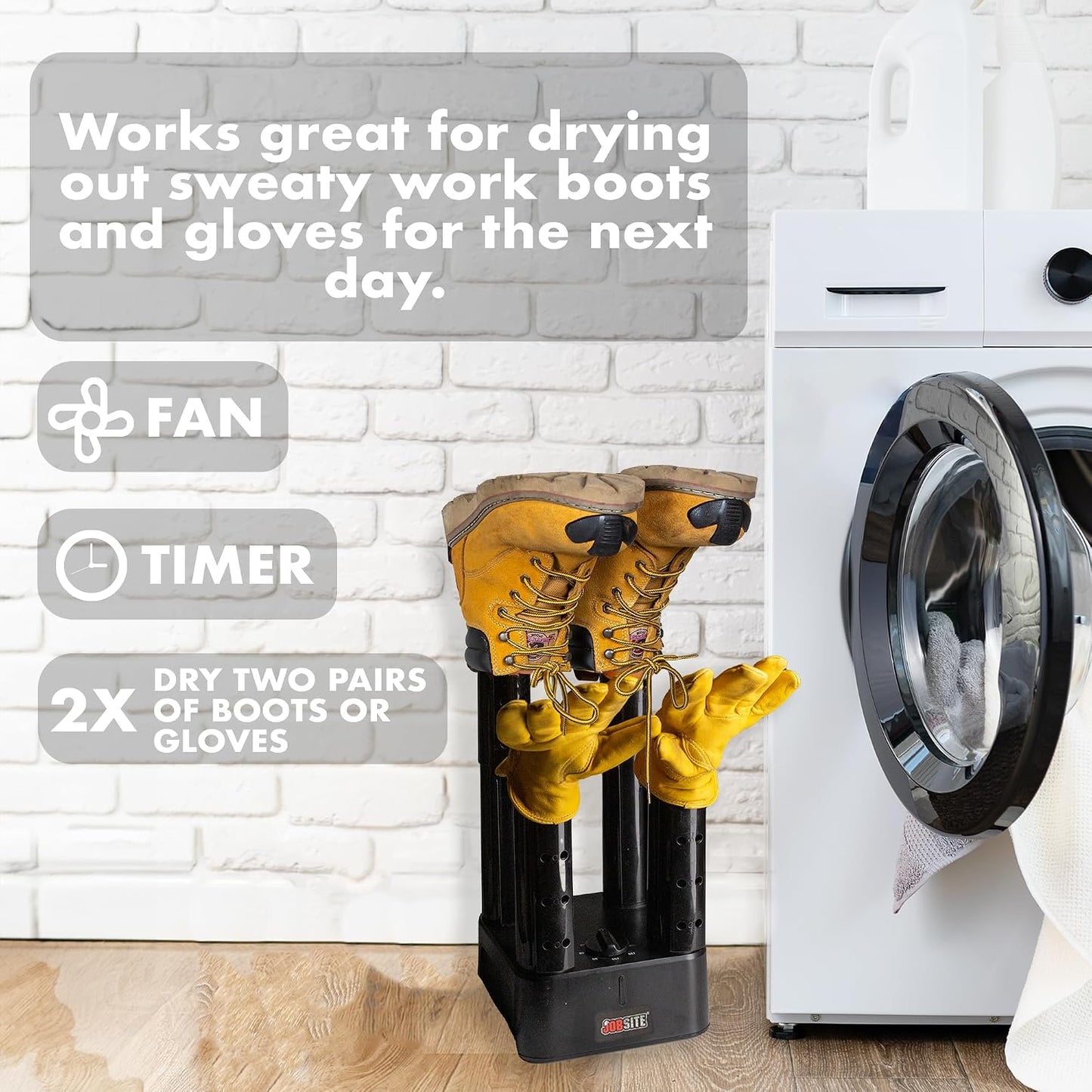 JobSite Mighty Dry Boot Dryer with Rubber Drip Tray - Boots Dryer with Heat Blower Fan - Fast Glove & Shoe Dryer - Helps Reduce Odor