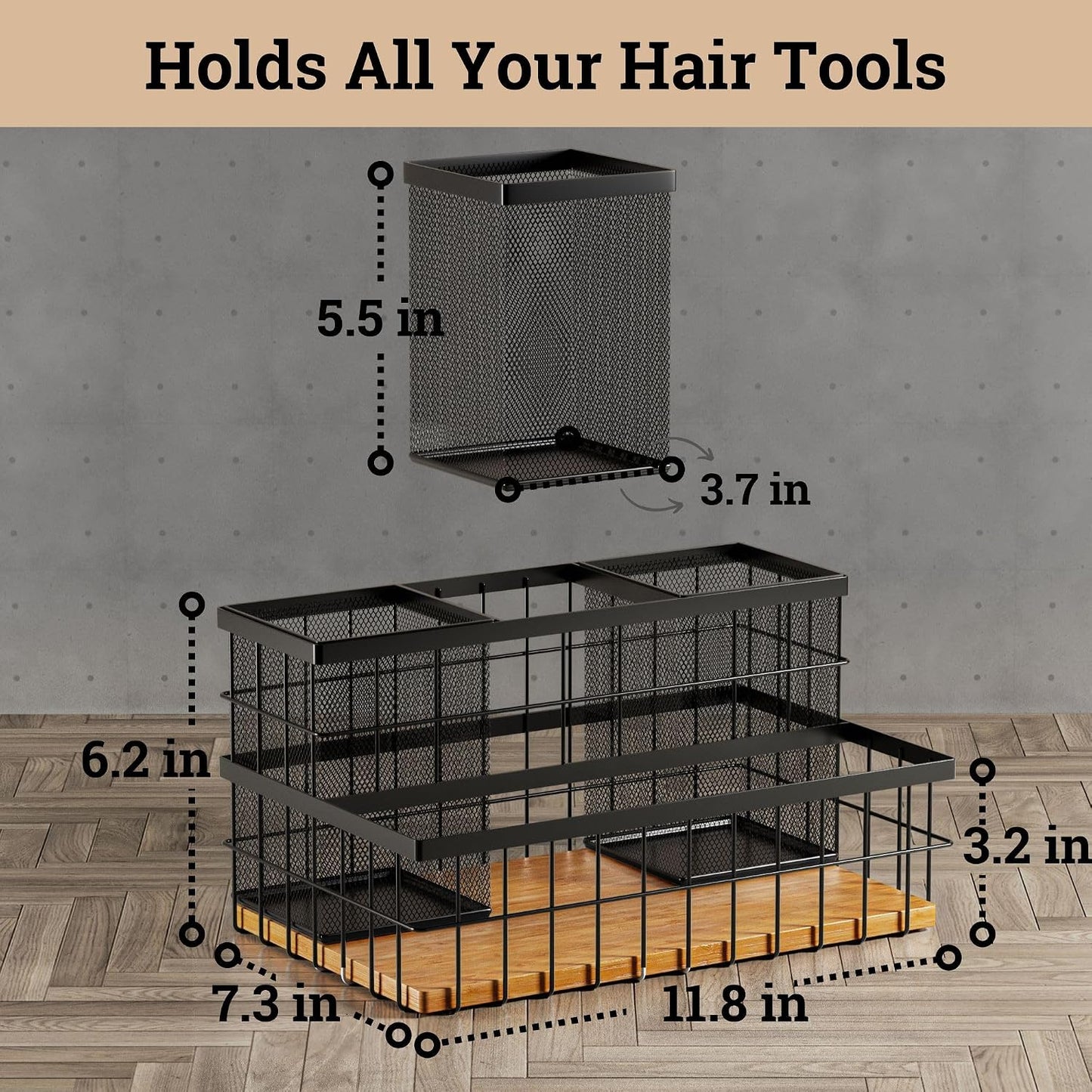 Hair Tool Organizer Countertop, Breathable Metal & Bamboo, Heat-Resistant | No Assembly Required, Removable Baskets, Heat-Resistant Iron, Bamboo Base, Spacious & Breathable Hot Tools Organizer Vanity