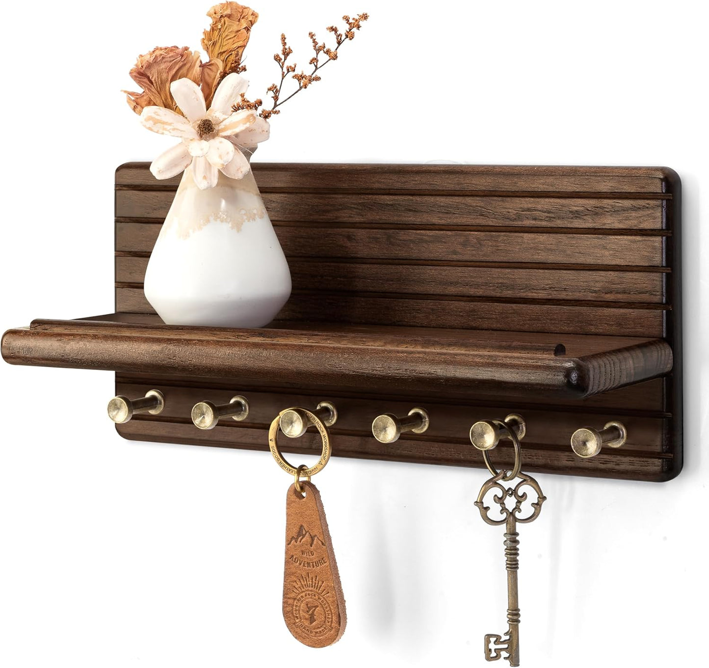 Rebee Vision Pine Wood Key Holder Wall Mount with Shelf for Entryway, Brown | 6 Key Hooks, Round Corner, Smooth&Hand-Friendly, Clear Wood Texture, Space-Saving Design, Organize Mail & Letter