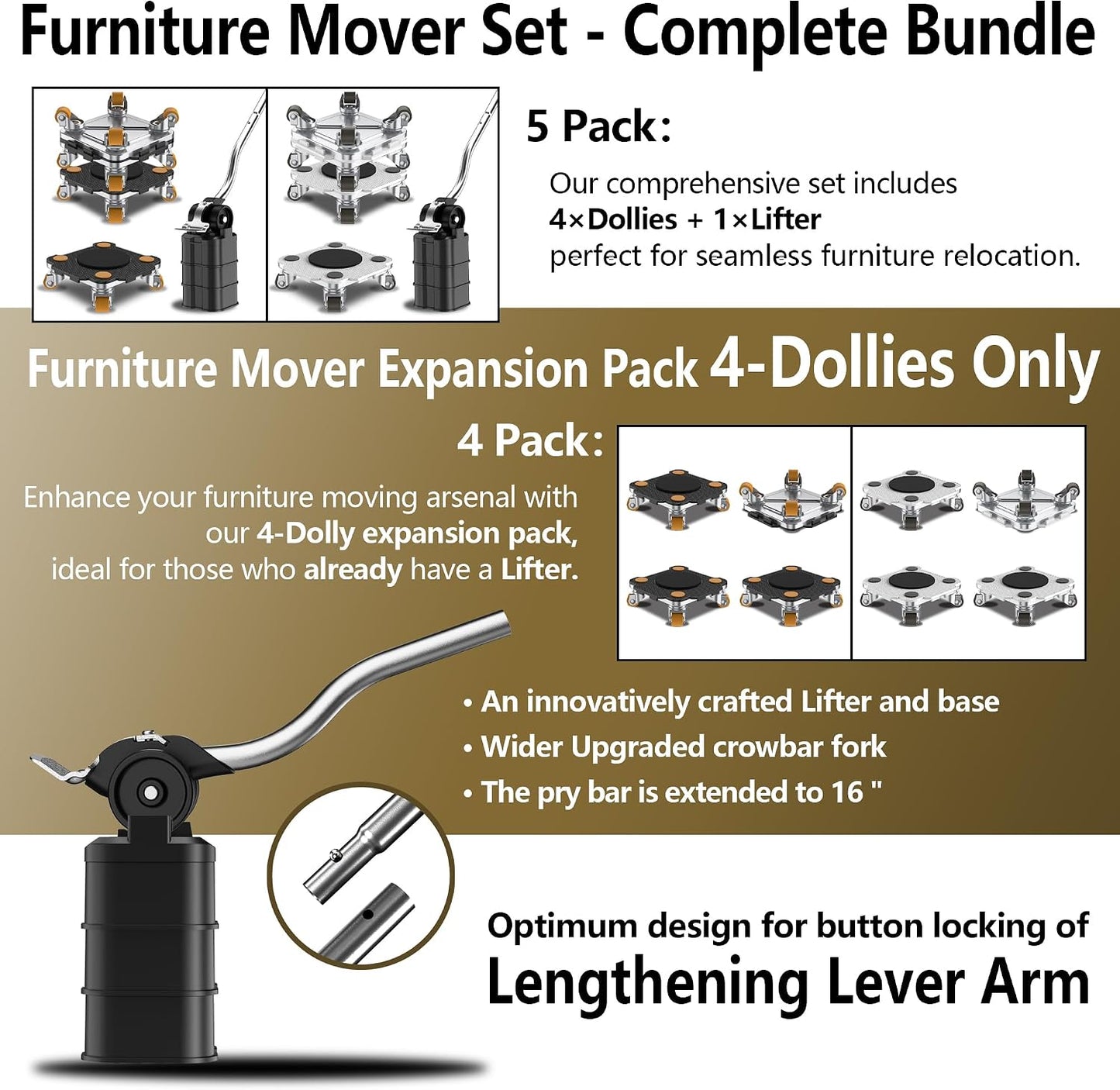 ONEON Furniture Mover with Wheels, 360° Rotation Wheels Furniture Dolly for Moving Heavy Furniture, Appliances, 660 LB Max Load Capacity with Auxiliary Lifter - Connect Dolly