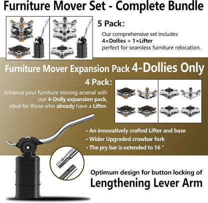 ONEON Furniture Mover with Wheels, 360° Rotation Wheels Furniture Dolly for Moving Heavy Furniture, Appliances, 660 LB Max Load Capacity with Auxiliary Lifter - Connect Dolly