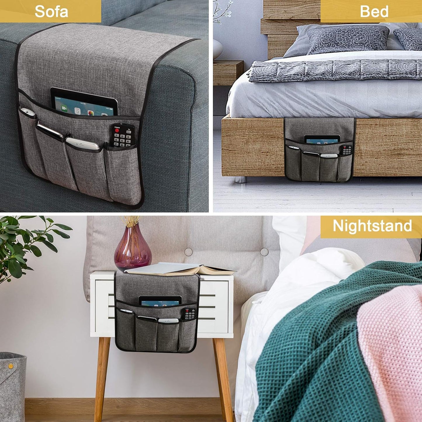 Sofa Armrest Organizer Non-Slip Remote Control Holders for Recliner Couch Chair Armchair Caddy with 5 Pockets for Table,Cell Phone,Ipad,Magazines,Books (Black, 13 x 35 Inch)